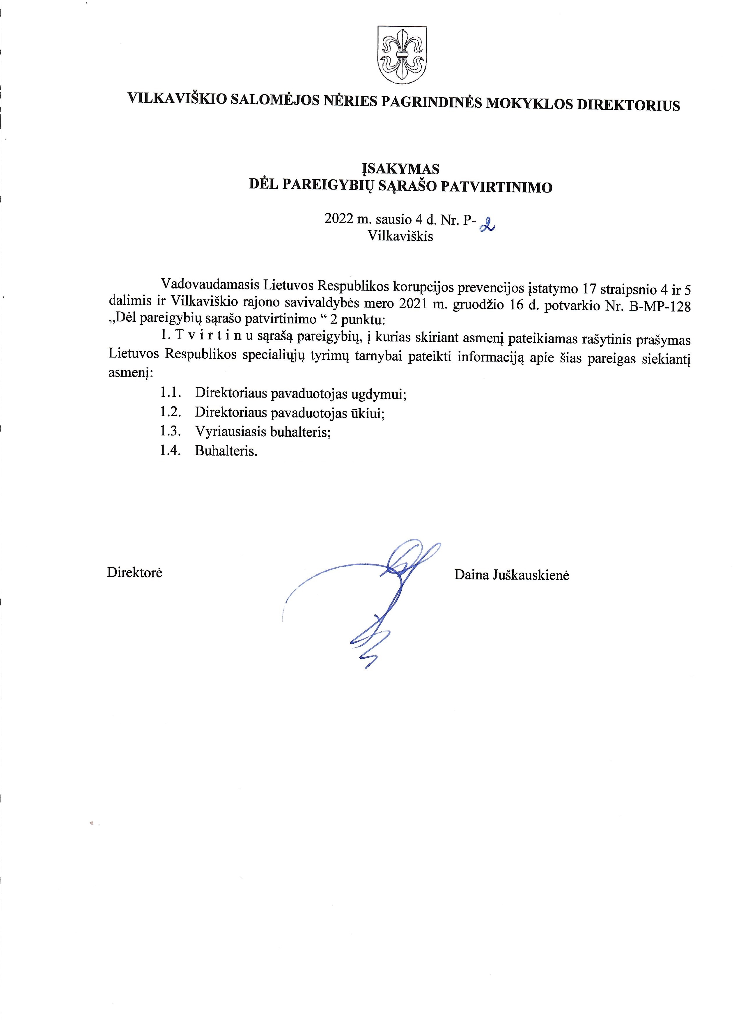 Pareigybių, į kurias skiriant asmenį pateikiamas rašytinis prašymas Lietuvos respublikos specialiųjų tyrimų tarnybai pateikti informaciją apie šias pareigas siekiantį asmenį, sąrašas